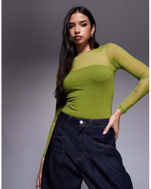 ASOS Green Mesh Mix Panel Long Sleeve Bodysuit