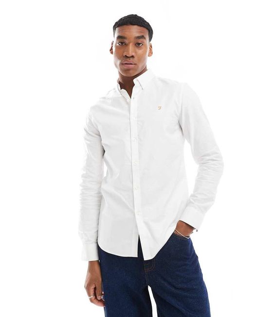 Farah White Brewer Slim Fit Long Sleeve Oxford Shirt for men