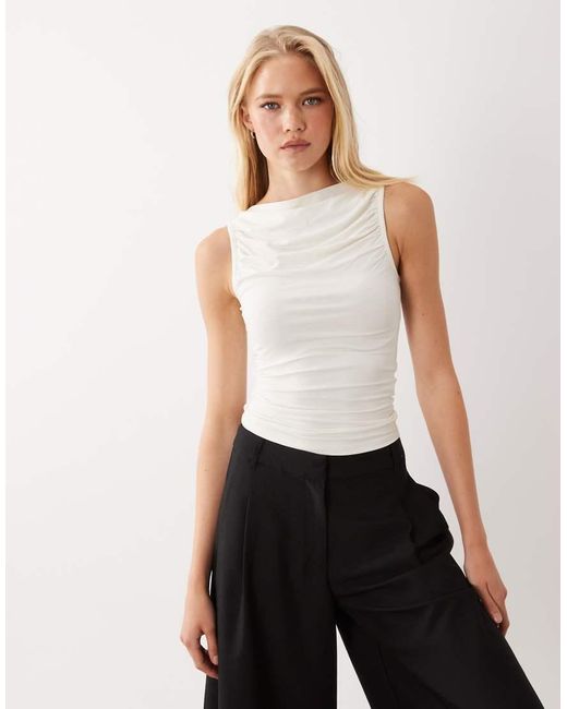 Miss Selfridge White Ruched Front Slash Neck Top Cream