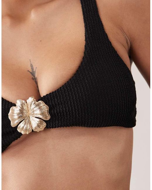 The Frolic Black Exclusive Crinkle Metal Flower Trim Scoop Neck Bikini Top