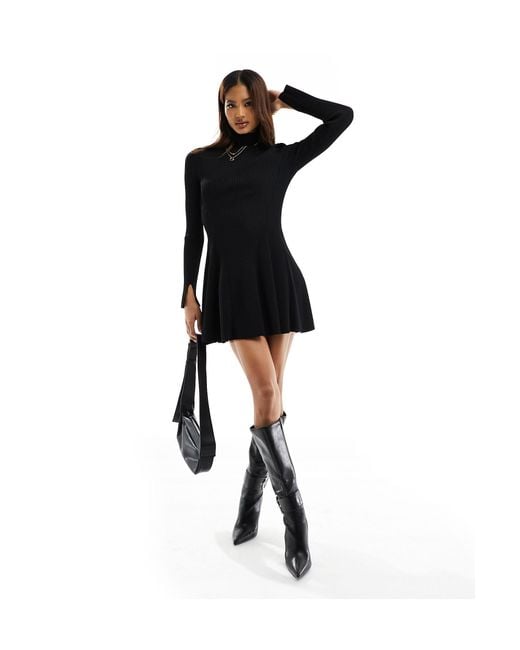 & Other Stories Black Contoured Rib Knitted Mini Dress With Split Cuffs And Flared Hem