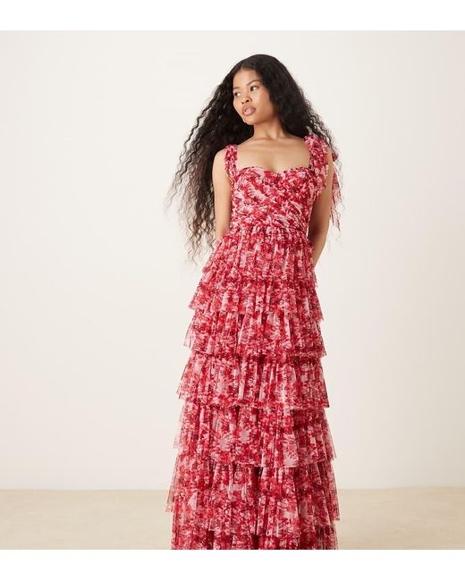 LACE & BEADS Red Bow Shoulder Tulle Maxi Dress