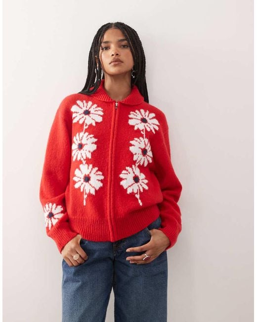 Reclaimed Vintage Red Knit Zip Up Cardigan With Flower Detail