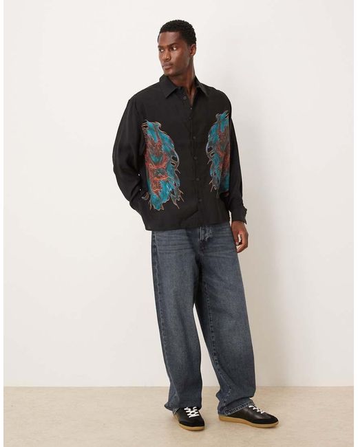 ASOS Black Oversized Square Collar Shirt With Dragon Print for men