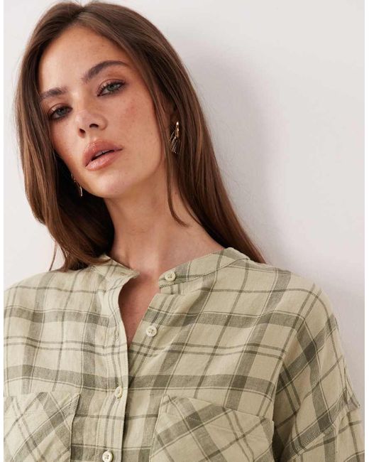 Barbour Brown Orla Co-ord Short Sleeve Linen Oversized Collarless Tartan Shirt