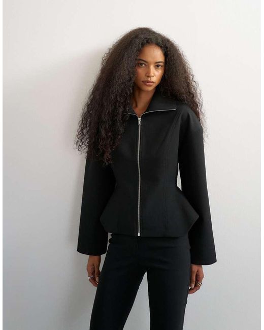 TOPSHOP Black Tailored Zip Through Peplum Top