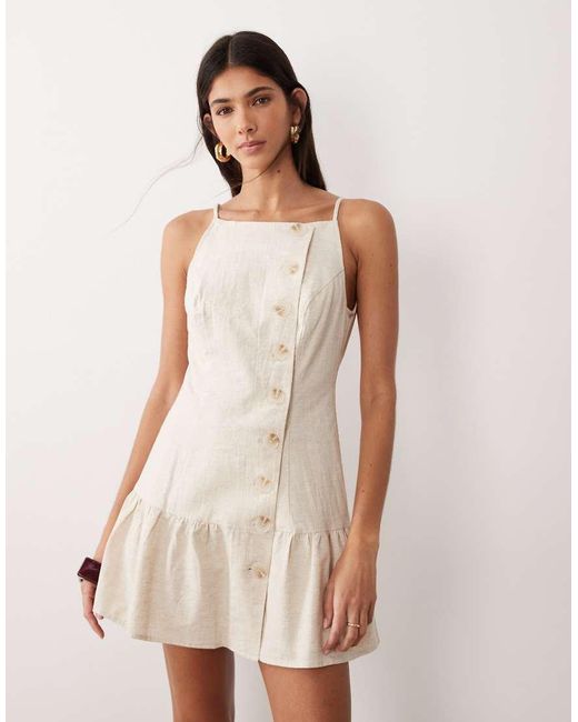 SNDY'S Natural Linen & Cotton Blend Square Neck Button Detail Ruffle Hem Mini Dress