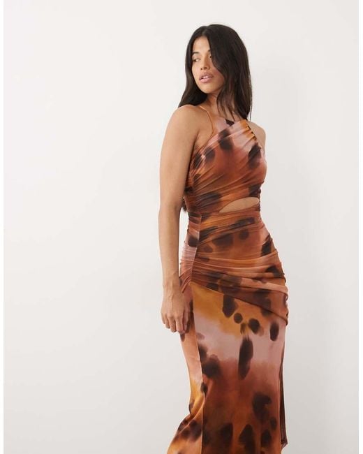ASOS Brown Mesh Square Halter Maxi Dress With Asymmetric Ruching