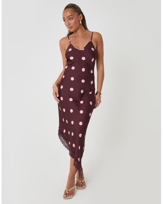 Threadbare Red Polka Dot Satin Lace Trim Maxi Dress