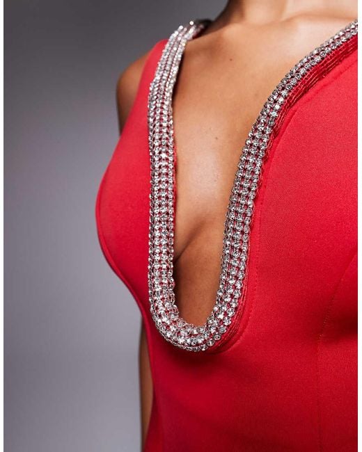 Goddiva Red Diamante Embellished Neck A Line Mini Dress