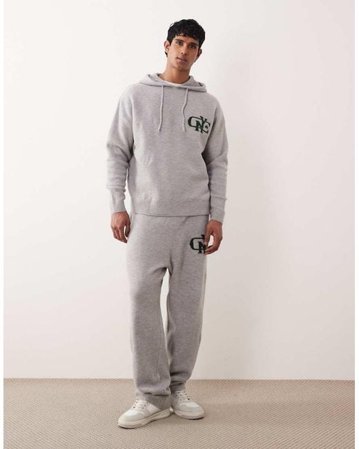 ASOS Gray Oversized Co-Ord Knitted Hoodie With Nyc Chest Logo for men