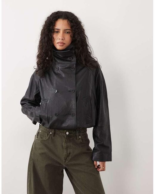 Mango Gray Funnel Neck Statement Leather Jacket