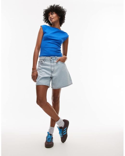 TOPSHOP Blue Jersey Slash Neck Top