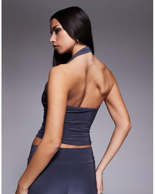 Kaiia Blue Exclusive Double Layered Slinky Eyelet Detail Scoop Halterneck Top