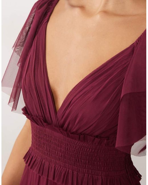 LACE & BEADS Bridesmaid Shirred Waist V-neck Mesh Flutter Sleeve Maxi Dress