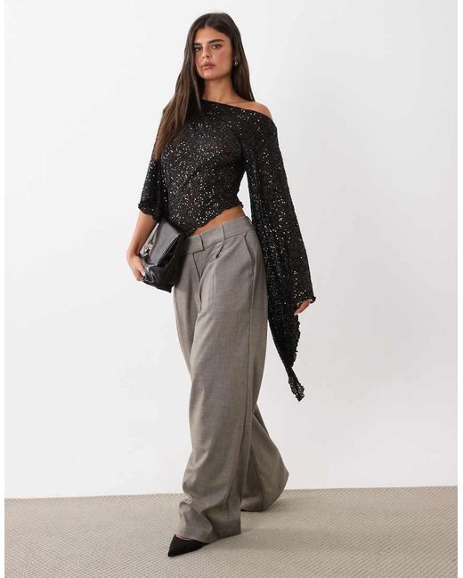 ASOS Brown Sequin Asymmetrical Draped Sleeve Top