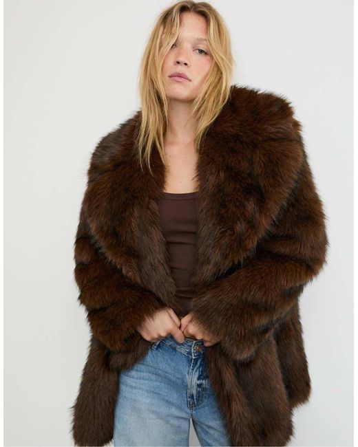Stradivarius Brown Regular Fit Faux Fur Coat