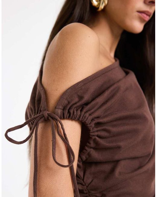 ASOS Red Ruched Sleeve Fallen Shoulder Waisted Tee