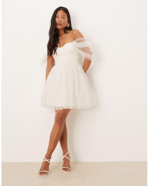 LACE & BEADS Natural Off Shoulder Tulle Mini Dress
