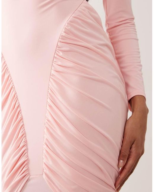 TFNC London Pink Slinky Ruched Detail Long Sleeve Maxi Dress