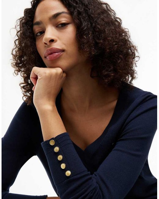 Tommy Hilfiger Blue Tone Button Cuff V-Neck Jumper