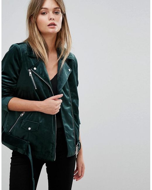 Vero Moda Velvet Biker Jacket in Green Lyst