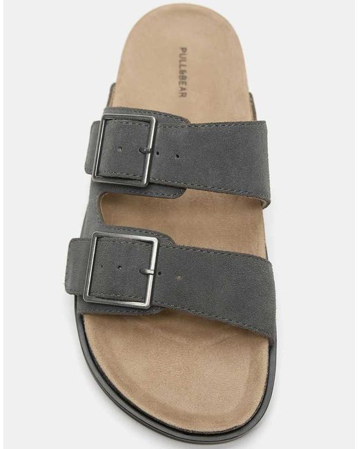 Pull&Bear Gray Buckled Leather Flat Sandals for men