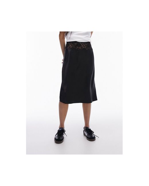 TOPSHOP Black Lace Waistband Insert 90s Length Satin Bias Skirt