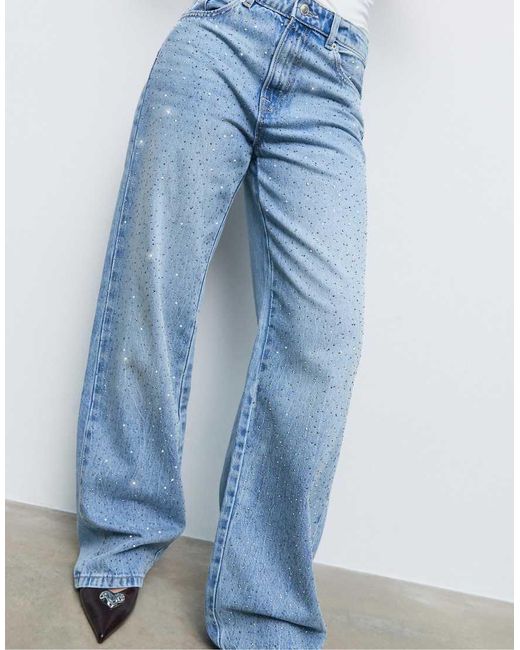 Stradivarius Blue Straight Fit Jeans With Rhinestones