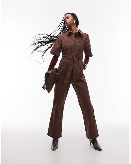 TOPSHOP Brown Short Sleeve Jumpsuit
