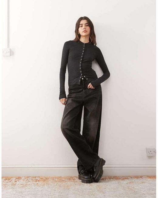 Weekday Black Slim Fit Button Front Long Sleeve Top