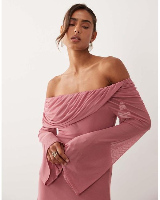 ASOS Pink Mesh Off The Shoulder Draped Neck Long Sleeve Maxi Dress