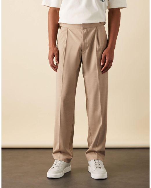 ASOS Natural Smart Straight Leg Trousers With Side Adjusters for men