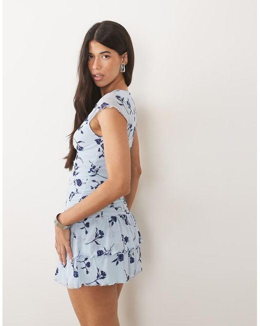 Motel Blue Mowgli Flutter Sleeve Ruched Mini Dress