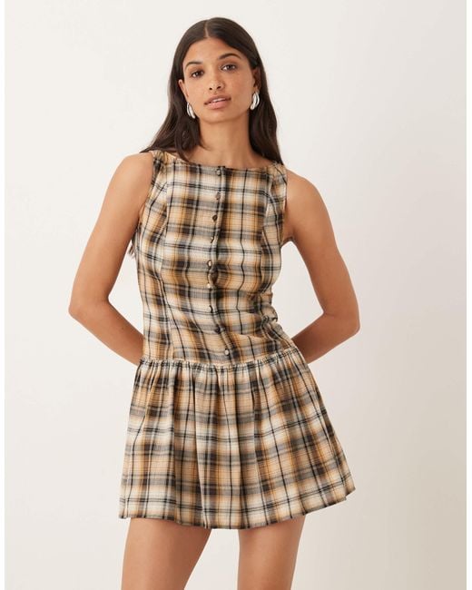 ASOS Brown Slash Neck Button Down Dropped Waist Mini Dress