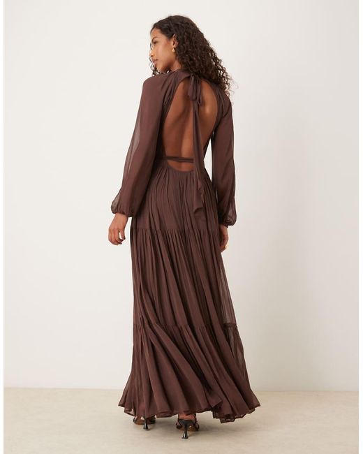 LACE & BEADS Brown Chiffon Balloon Sleeve Maxi Dress