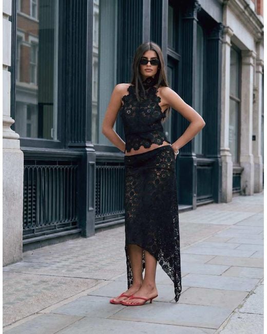 Lioness Blue Trophy Sheer Lace Intricate Floral Detail Asymmetric Skirt Co-ord
