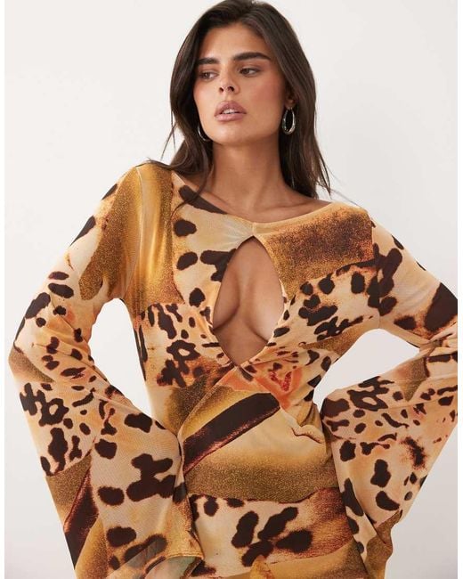 ASOS Natural Printed Mesh Cape Sleeve Mini Dress With Plunging Keyhole Detail