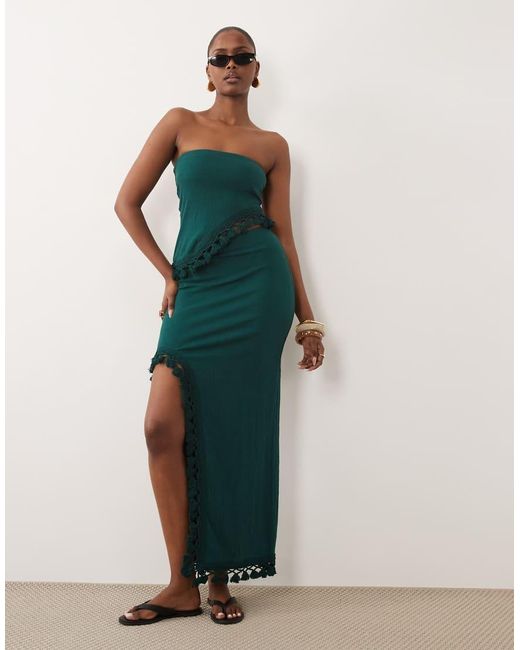 ASOS Green Crinkle Textured Tassel Fringe Trim Asymmetric Bandeau Top