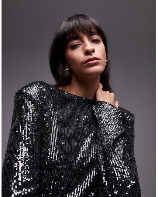 & Other Stories Black All Over Sequin Top With Fringe Sequin Sleeve Detail