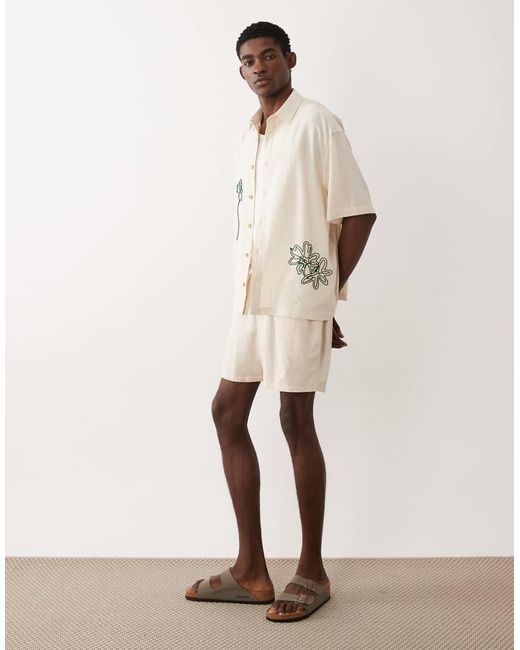 ASOS Natural Oversized Shirt With Linen And Rope Embroidery Detail for men