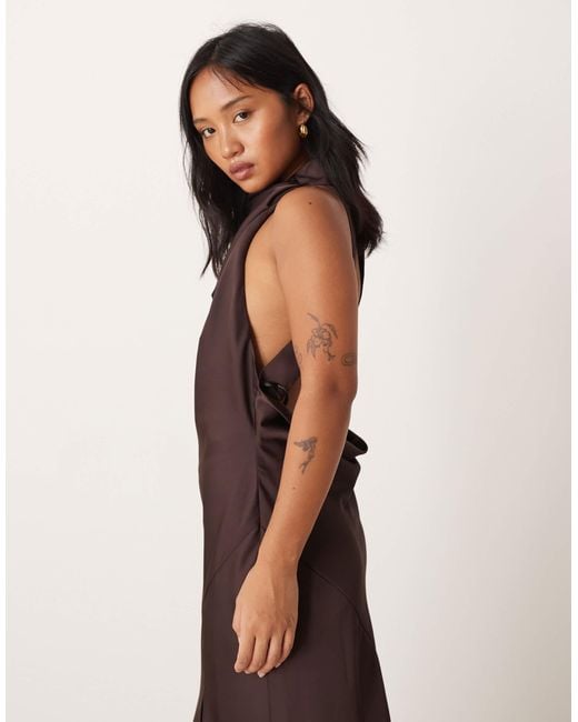 ASOS Brown Asos Design Petite Satin Halterneck Maxi Dress With Cowl Back Detail