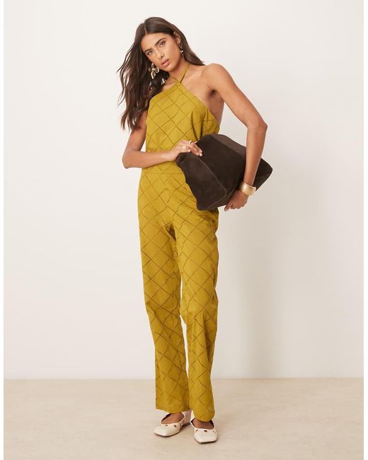 ASOS Yellow Halter Neck Crop Top Co-ord With Geo Cutwork
