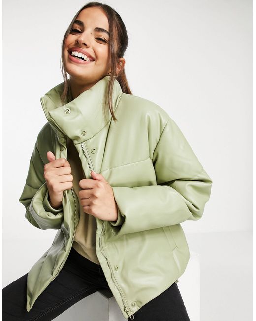 Stradivarius Green Faux Leather Padded Puffer Jacket