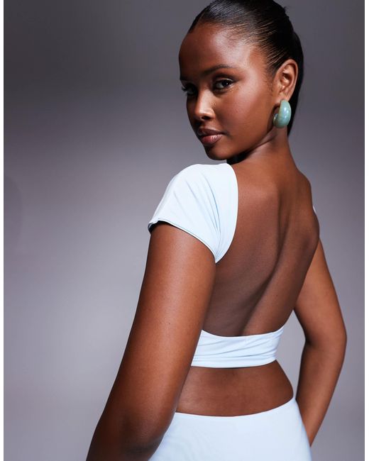 Kaiia White Exclusive Double Layered Slinky Low Back Crop Top Co-ord