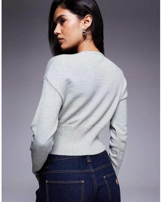 Aria Cove Gray Structured Rib Knit Waist Deep Cuff Cropped Cardigan