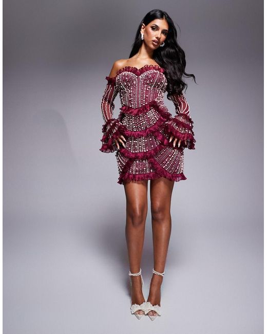ASOS Gem Embellished Off Shoulder Mini Dress With Scallop Hem in Red | Lyst  UK