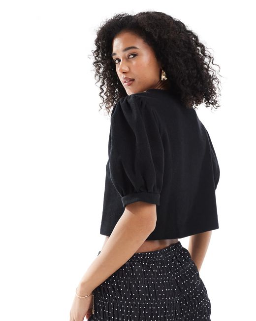 Top à manches bouffantes en tissu côtelé doux Miss Selfridge en coloris Black
