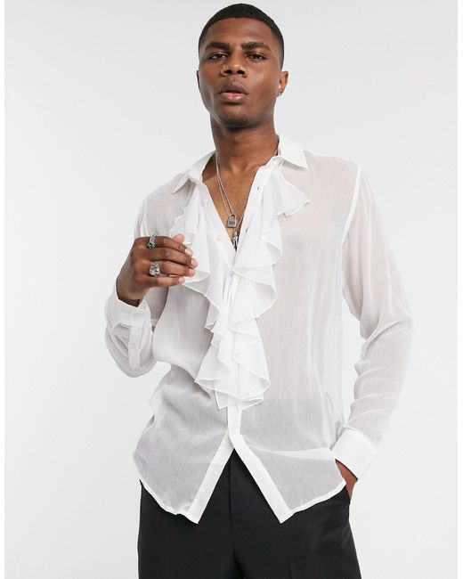 ASOS White Regular Fit Textured Shirt With Ruffle Front Bib Detail for men
