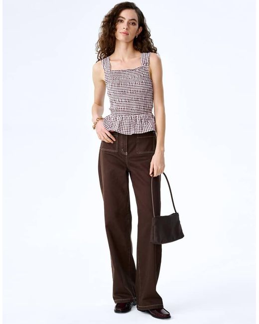 OMNES White Tops Rain Cotton Seersucker Gingham Top With Peplum Frill